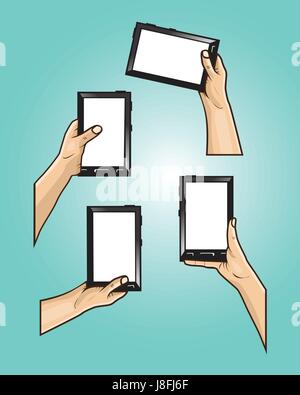 Set di mani detiene black mini tablet con schermo bianco . Illustrazione Vettoriale