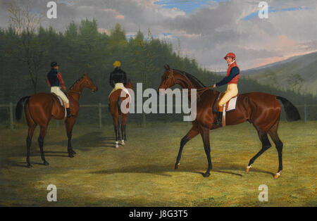 Questa opera d'arte di John Frederick Herring Sr. Raffigura tre cavalli: Il Priamo di Lord Chesterfield, il Fleur De Lis di re Guglielmo IV e la variazione di Mr. Stonehewer, che mostra la grandezza della cultura delle corse di cavalli del XIX secolo. Foto Stock