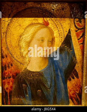 Questa opera d'arte, creata da fra Angelico intorno al 1445-1450, raffigura la testa di un angelo di una pala d'altare. Il pezzo è ora ospitato nel Rijksmuseum e dimostra l'abilità dell'artista nella tempera e nella pittura ad olio su tavola. È un notevole esempio di arte rinascimentale. Foto Stock