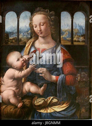 *La Madonna del garofano* di Leonardo da Vinci raffigura la Vergine Maria con il bambino Gesù, offrendo un esempio dettagliato della maestria di da Vinci nell'arte religiosa e della sua capacità di fondere emozione e realismo nella ritrattistica. Foto Stock