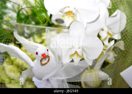 Un perlopiù bianco bouquet con una colomba tenendo un anello nel suo becco come il pezzo centrale. Foto Stock