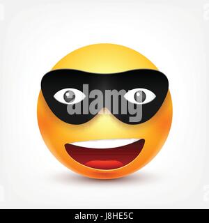 Smiley,faccina sorridente con maschera. Faccia gialla con le emozioni. L'espressione del viso. 3D realistici gli Emoji. Divertente personaggio dei fumetti.L'umore. Icona del Web. Illustrazione Vettoriale. Illustrazione Vettoriale