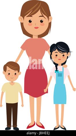 Cartoon madre di due figli, un ragazzo e una ragazza Illustrazione Vettoriale