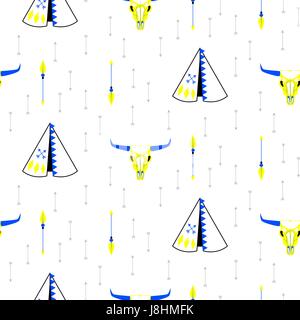 Il tribale Navajo teepee seamless pattern. Bianco modello minimalista con wigwam, testa di vacca cranio e frecce. Illustrazione Vettoriale