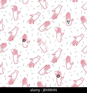 Hipster delineare le mani vector seamless pattern. Divertente doodle sfondo. Contorno rosso braccia umane con gli anelli di diamante sul modello di bianco. Illustrazione Vettoriale