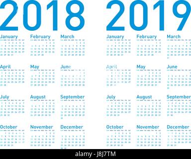 Semplice Calendario blu per gli anni 2018 e 2019, in vettori. Illustrazione Vettoriale