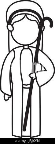 Cartoon shepherb manger persone con legno di canna, contorno Illustrazione Vettoriale