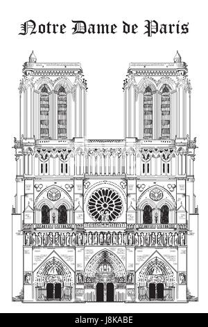 La cattedrale di Notre Dame (punto di riferimento di Parigi, Francia) vettore isolato del disegno a mano illustrazione in colore nero su sfondo bianco Illustrazione Vettoriale