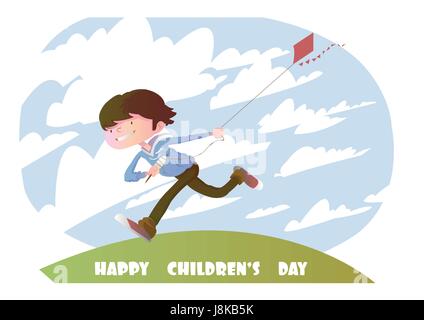 Vettore digitale felice carta giornaliera bambini, esecuzione di capretto con un aquilone e nuvole Illustrazione Vettoriale