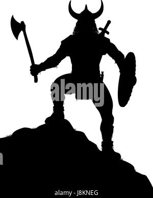 Vettore modificabile silhouette di un guerriero vichingo su uno sperone roccioso con la figura e le armi come oggetti separati Illustrazione Vettoriale