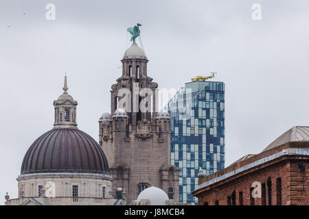 Gabbiani sorvolano il Liverpool waterfront su un nuvoloso tarda primavera del giorno. Questa è stata presa da Albert Dock e comprende il porto di Liverpool Bu Foto Stock