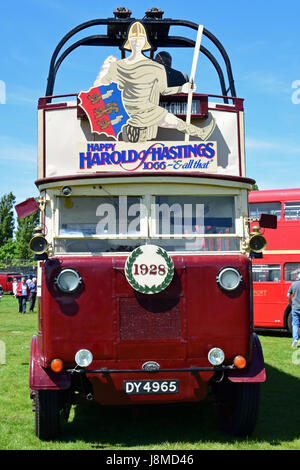 Felice Harold, DY4965, 1928 Guy BTX open top trolley bus con Christopher Dobson corpo, XXV annuale di filobus rally, l'Ovale Hastings 2017 Foto Stock