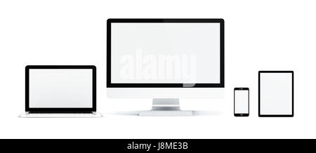 3D rendering realistico di dispositivi isolati: il tablet pc, telefono, computer e laptop su sfondo bianco. Foto Stock