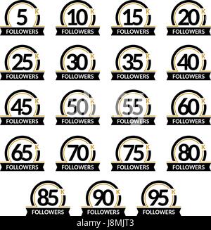 Giubileo per la celebrazione. Numero di seguaci, vettore insieme di segni in una cornice rotonda con nastro. Una progettazione accurata in bianco e nero e i colori dorati. Illustrazione Vettoriale