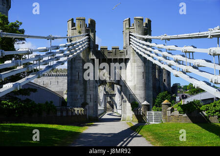 Il vecchio Conwy sospensione ponte sopra il fiume Conwy costruito da Thomas Telford, Conwy, Gwynedd, Galles del Nord, Regno Unito. Foto Stock