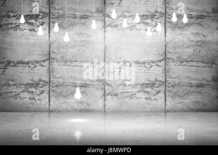 Calcestruzzo sporco camera interna con molte lampadine. Lo showroom della metropolitana con parete in cemento con cuciture. 3D rendering immagine Foto Stock