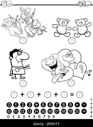 Bianco e Nero Cartoon illustrazione di Educational attività matematica gioco per bambini con il giorno di San Valentino caratteri nella pagina di colorazione Illustrazione Vettoriale