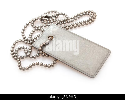 Acciaio, militari, identificazione, badge, dog tag, isolato, moda, americano, Foto Stock