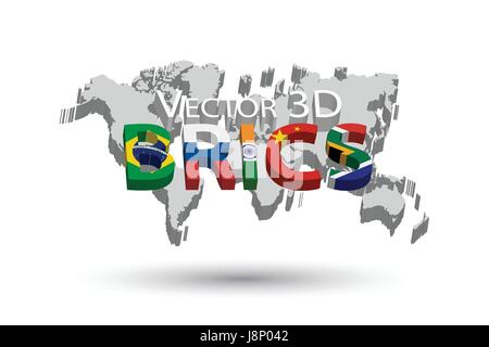 BRICS e 3D mappa del mondo . Associazione di 5 paesi ( Brasile . russia . india . La Cina . sud africa ) Illustrazione Vettoriale