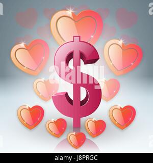 Cuori e dollaro il giorno di San Valentino. Dollaro, icona di denaro. Illustrazione Vettoriale