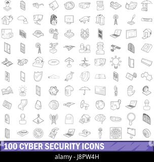 100 cyber security set di icone di stile di contorno Illustrazione Vettoriale