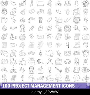 100 project management set di icone di stile di contorno Illustrazione Vettoriale