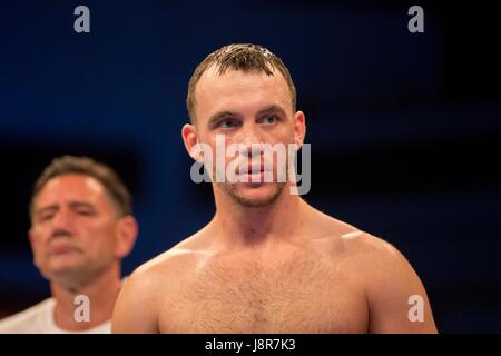 Cardiff Wales, Regno Unito, 26 maggio 2017. Fred Evans in anticipo la sua Super Welterweight Contest contro Najim Fennane alla Motorpoint Arena. Foto Stock