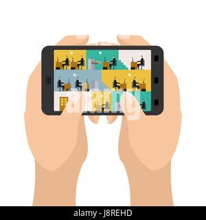 Office sul tablet gioco. Business in uno smartphone. Tenere le mani gadget. La tabella e il computer. Lavorando sul computer Illustrazione Vettoriale