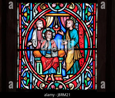 Scena della vita di Gesù, da Adolph Didron, Parigi, 1860, vetrata, Feltwell, Norfolk, Inghilterra, Gesù incontra e recluta discepolo Foto Stock