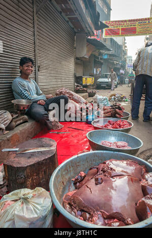 Delhi, India - 10 novembre 2012 - Il giovane uomo la vendita di carni fresche sul marciapiede, un modo usuale di commercio di strada in India. Foto Stock