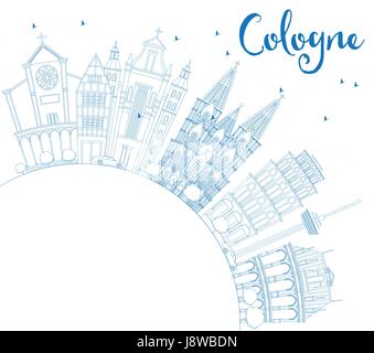 Profilo dello skyline di Colonia con edifici blu e copia di spazio. Illustrazione Vettoriale. Viaggi di affari e di turismo con il concetto di architettura storica. Illustrazione Vettoriale