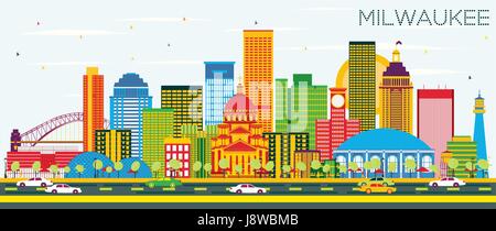 Lo skyline di Milwaukee con edifici di colore e cielo blu. illustrazione vettoriale. business viaggi e turismo concetto con edifici moderni. Illustrazione Vettoriale