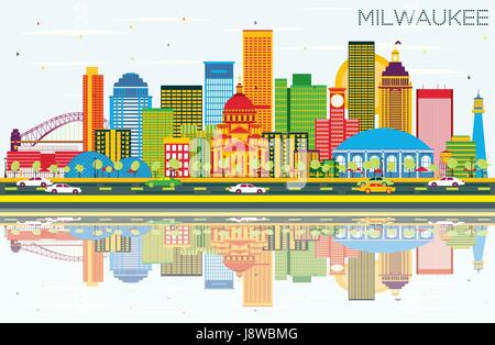 Lo skyline di Milwaukee con edifici di colore, cielo blu e riflessi. illustrazione vettoriale. business viaggi e turismo concetto con edifici moderni. Illustrazione Vettoriale