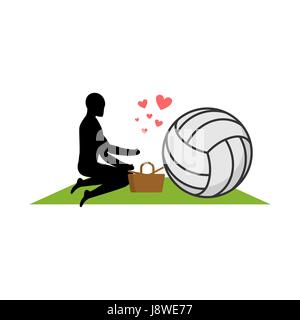 Amante pallavolo. Guy e sfera del picnic. Pasto in natura. coperta e cesto per il cibo sul prato. Data romantico. Ama gli sport il gioco del gioco Illustrazione Vettoriale