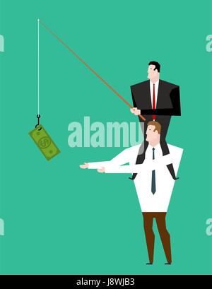 Motivazione di business. Boss seduto sulle spalle di manager. Dollaro sulla canna da pesca. Imprenditore motiva Illustrazione Vettoriale
