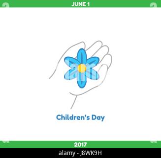 Felice giorno per bambini. Bambino la mano trattiene un fiore blu, un simbolo di innocenza Illustrazione Vettoriale