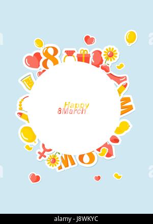 8 marzo banner Holiday Accessori adesivi con caratteri in stile appartamento. Marzo 8 icone. La Giornata internazionale della donna la celebrazione del concetto. Cuore e kis Illustrazione Vettoriale