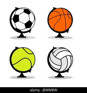 Sport set Globe. Sfere nella sfera della terra. Basketball e calcio. Campo da tennis e da pallavolo. Planet Sports. Mondo di gioco Illustrazione Vettoriale