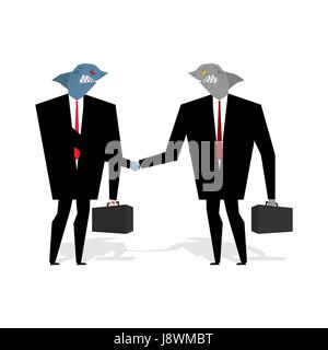 Business Handshake squali rendono trattativa. Professionisti agitare le mani. Accordo tra predatori marini. Accordo tra empi animale. Pesce in business Illustrazione Vettoriale