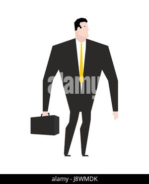 Imprenditore con valigetta. Manager in nero abito formale. Cravatta gialla. Office plancton. Boss su sfondo bianco. Imprenditore maschio isolato Illustrazione Vettoriale