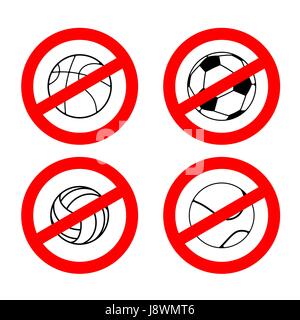 Smettere di giochi sportivi. Vietato il gioco del calcio. Rosso segno di divieto di pallavolo. Attraversato palla da tennis. Divieto basket Illustrazione Vettoriale