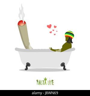 Rasta vita. Rastaman e giunto o spliff nella vasca da bagno. L uomo e il fumo farmaco insieme bagnarsi. Gli amanti della marijuana e di lavaggio. Illustrazione romantica della canapa Illustrazione Vettoriale