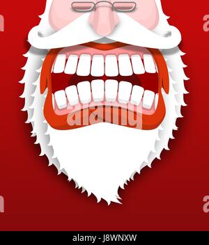 Aggressiva di Santa Claus grida. Infelice Santa con grande barba bianca. La maledizione e il giuramento. Flying drooling. Scary bad nonno. Illustrazione per Chri Illustrazione Vettoriale