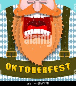 Gridare Poster per l'Oktoberfest. Arrabbiato e aggressiva uomo grida. Rosso di barba e baffi. Tradizionale bavarese costume nazionale. Folk Festival in Germania Illustrazione Vettoriale