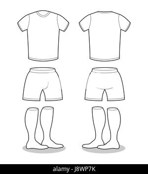 Campione per abbigliamento sportivo soccer. T-shirt, pantaloni corti e calzini modello per il design. Il calcio di forma curva vuota Illustrazione Vettoriale