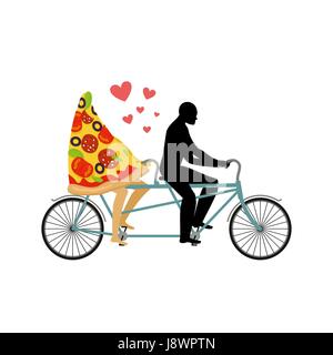 La Pizza in bicicletta. Gli amanti delle escursioni in bicicletta. Man rotoli un trancio di pizza in tandem. Giunto a piedi con un pasto. Data romantico il cibo italiano. Illustrazione romantica l Illustrazione Vettoriale