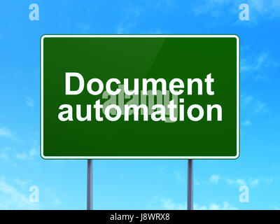 Il concetto di business: Document Automation sul cartello stradale sullo sfondo Foto Stock