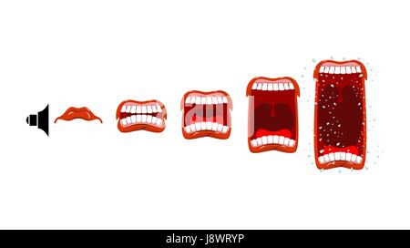 Volume scream. yell livello. Cambiamenti nel livello di suono. A bocca aperta con la lingua e i denti. Fase grido. Illustrazione Vettoriale