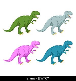 Dinosauro set multicolore. Rosa Tyrannosaurus Rex. Blu rettile preistorico. Antica Predator. Animale Jurassic con grandi denti. Bestia aggressiva. Terri Illustrazione Vettoriale