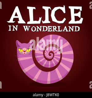 Alice nel Paese delle Meraviglie titolo. Cheshire cat. Animale fantastico. Favoloso animale a strisce con lunga coda Illustrazione Vettoriale